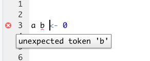 Figure 3.8: RStudio highlights syntax errors in the Scripts window.