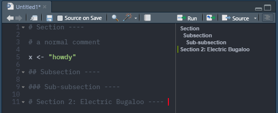 Example script headings, document outlines, and comments. Note the “—” which tells RStudio this comment is to be treated as a script heading.