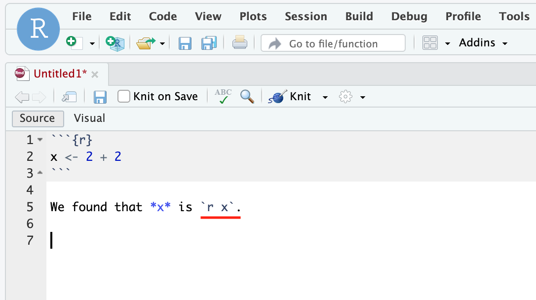 When we knit the markdown file shown in the figure, the knitted document will say “We found that x is 4.”